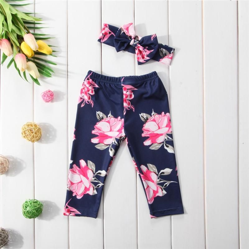 Newborn Cute Kids Baby Girls Bottoms Floral Leggings lONG Pants Trousers+Headband Outfits Set 0-24M