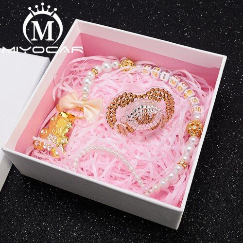 MIYOCAR any name Elegant luxury bling bear pacifier clip  holder pacifier holder with bling gold crown bling pacifier SP016