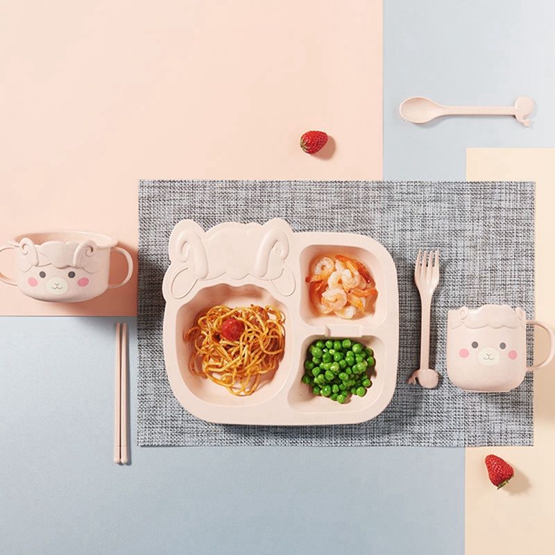 6-piece Set Of Children\'s Cartoon Anti-fall Grid Plate Food Supplement