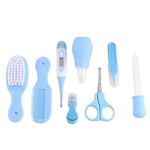 8 pcs Baby Health Care Kit Cleaning Products Thermometer Nail Clippers Scissors Tweezers Grooming Set For Nursery Newborns Infants Toddlers Gift Blue