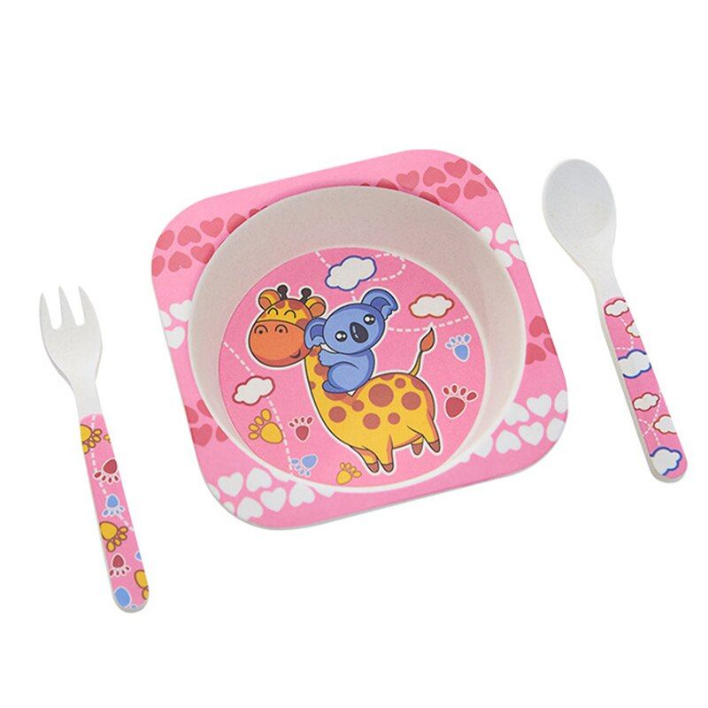 Baby Bamboo Dishes Children Tableware With Fork Spoon Kid Feeding Dinnerware Set Infant Bowls Plate Toddler Utensils T0511