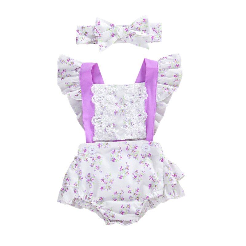 0-24M Cute Summer Newborn Baby Girls Cotton Romper Toddler Kids Girl Lace Ruffles Rompers Jumpsuits Headband Infant Soft Outfits
