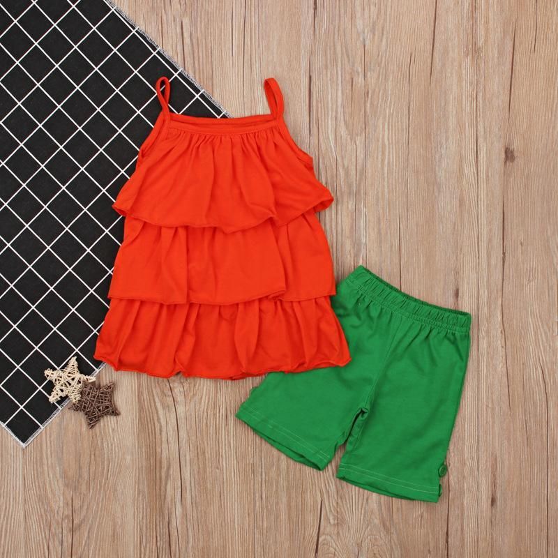 Summer New Children's Wear Girls Have Level Halter Shirts + Green Pants Side Button Shorts-2-Piece Set