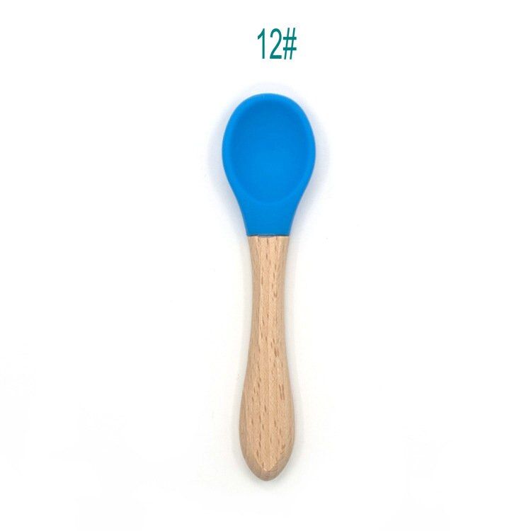 5PCS Baby Wooden Spoons Organic BPA Free Silicone Tip Baby Toddlers Infant Feeding Spoon Food Grade Material Soft Tableware