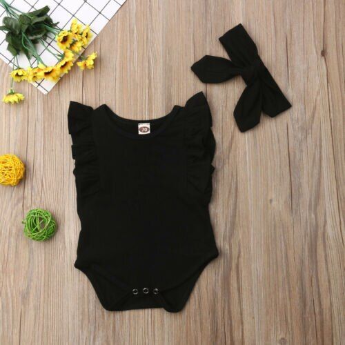 Newborn Baby Girl Clothes Solid Color Sleeveless Ruffle Bodysuits Jumpsuit Headband 2pcs Outfits Sunsuit