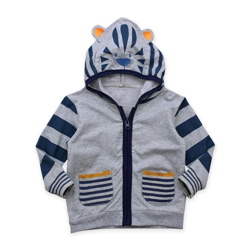 Children'S Spring Fall Boy Long Sleeve Lion Hooded Striped Zipper Shirt Jacket