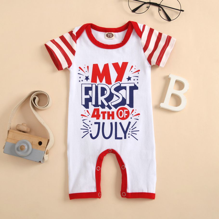 Independence Day Newborn Jumpsuit, Toddler Stripe & Letter & Star Print Round Neck Short Sleeve Romper