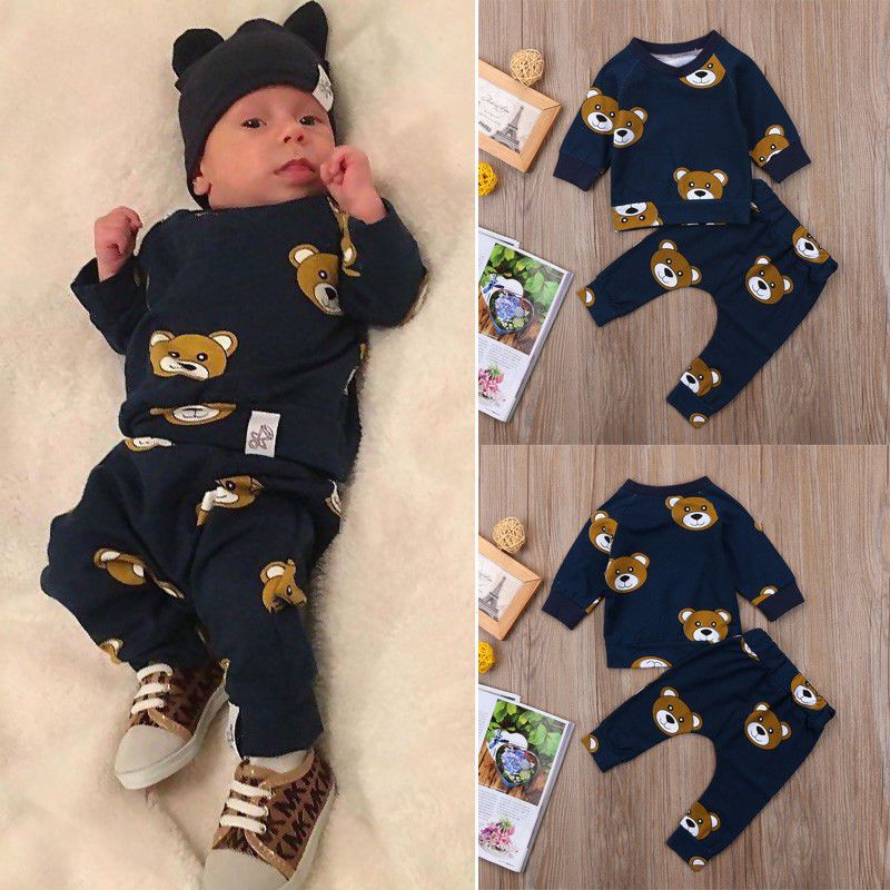 2020 Fashion Newborn Kids Infant Baby Boy Clothing Long Sleeve Bear Printed T-shirt Pants Leggings 2pcs Set Outfit Clothes 0-24M