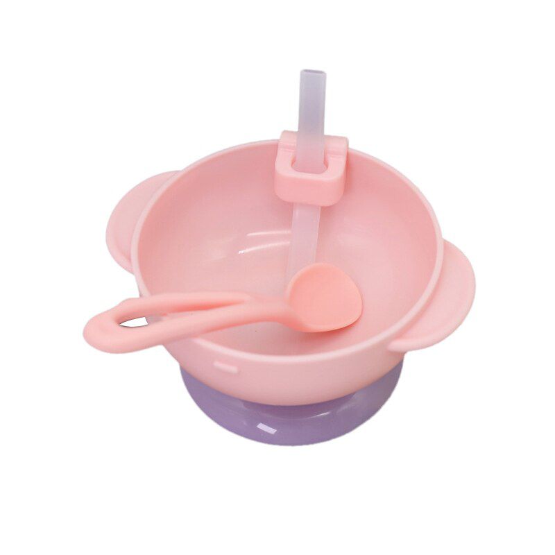 Cartoon Baby Auxiliary Food Bowl Anti Falling Suction Cup Set Suction Cup Buckle Suction Tube Crooked Spoon Baby Feeding Dishes