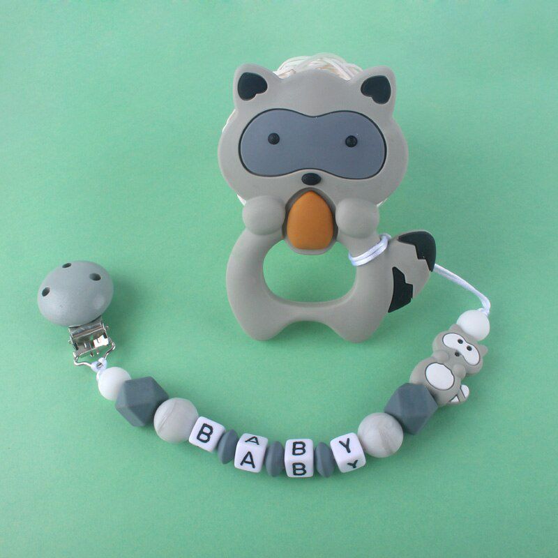 XCQGH 2Pcs/set Cute Animal Pendant Raccoon Silicone Teether and Baby Teething Pacifier Leash Strap