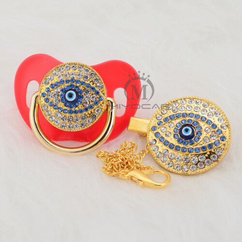 MIYOCAR Unique design bling bling evil eye pacifier dummy and clip set BPA free FDA pass safe and special gift to baby