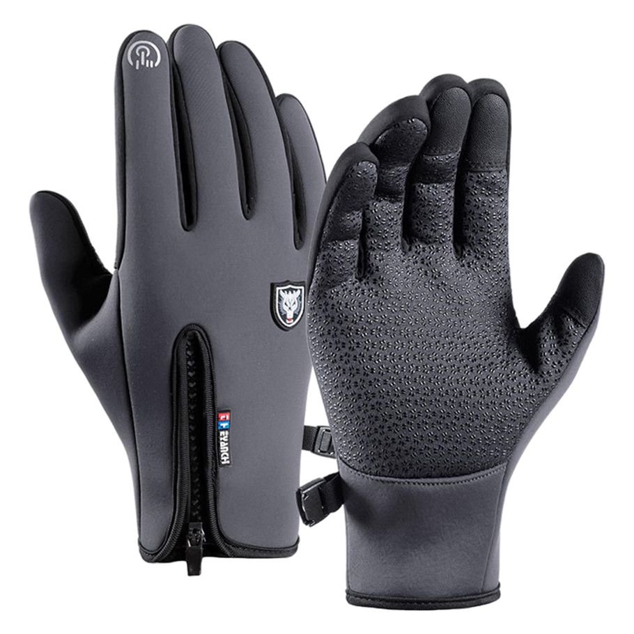 Windproof Snow Gloves with Zipper Heat Keep for Driving Cycling Men Women Gray