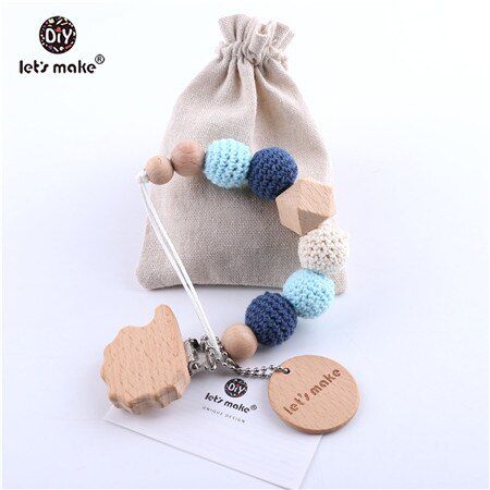 Let's Make 1PC Wood Baby Teether Pacifier Chain Elephant Wooden Clip Geometric Crochet Beads With Bag Wood Teether Tiny Rod Toys