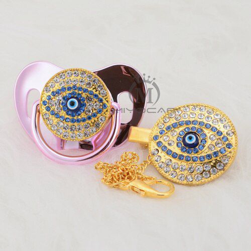 MIYOCAR Gold beautiful evil eye pacifier and pacifier clip set lovely eye pacifier clip BPA free dummy bling unique AEYE-1