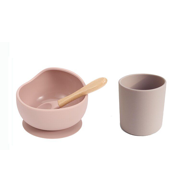 Baby Silicone Dinnerware Silicone Feeding Set Soft Cups BPA Free Wooden Spoon Kids Toddler Suction Bowl Food Grade Tableware