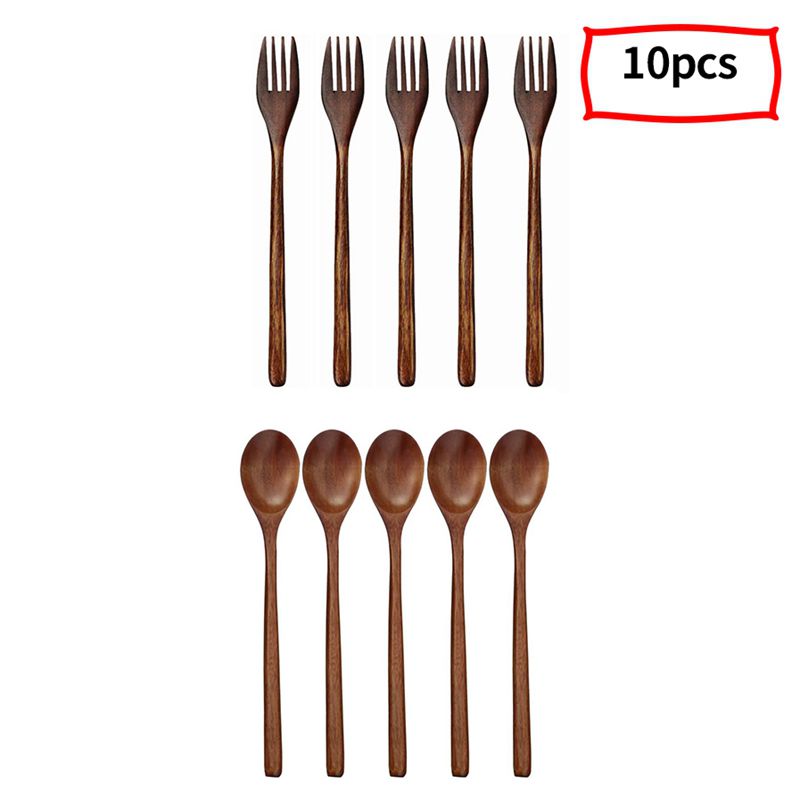 Natural Wooden Spoon and Fork Set Kitchen Cutlery Food Salad(Set of 10)