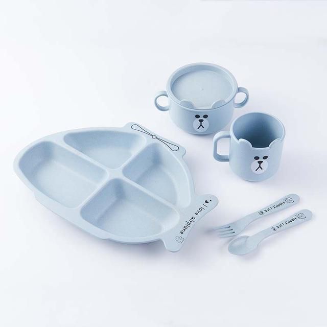 【BestGO】Wheat Fiber Children's Tableware Set Baby Feeding Plate Set Bowl Cup Spoon Fork 5pcs/sets Cartoon Baby Dinnerware Kids