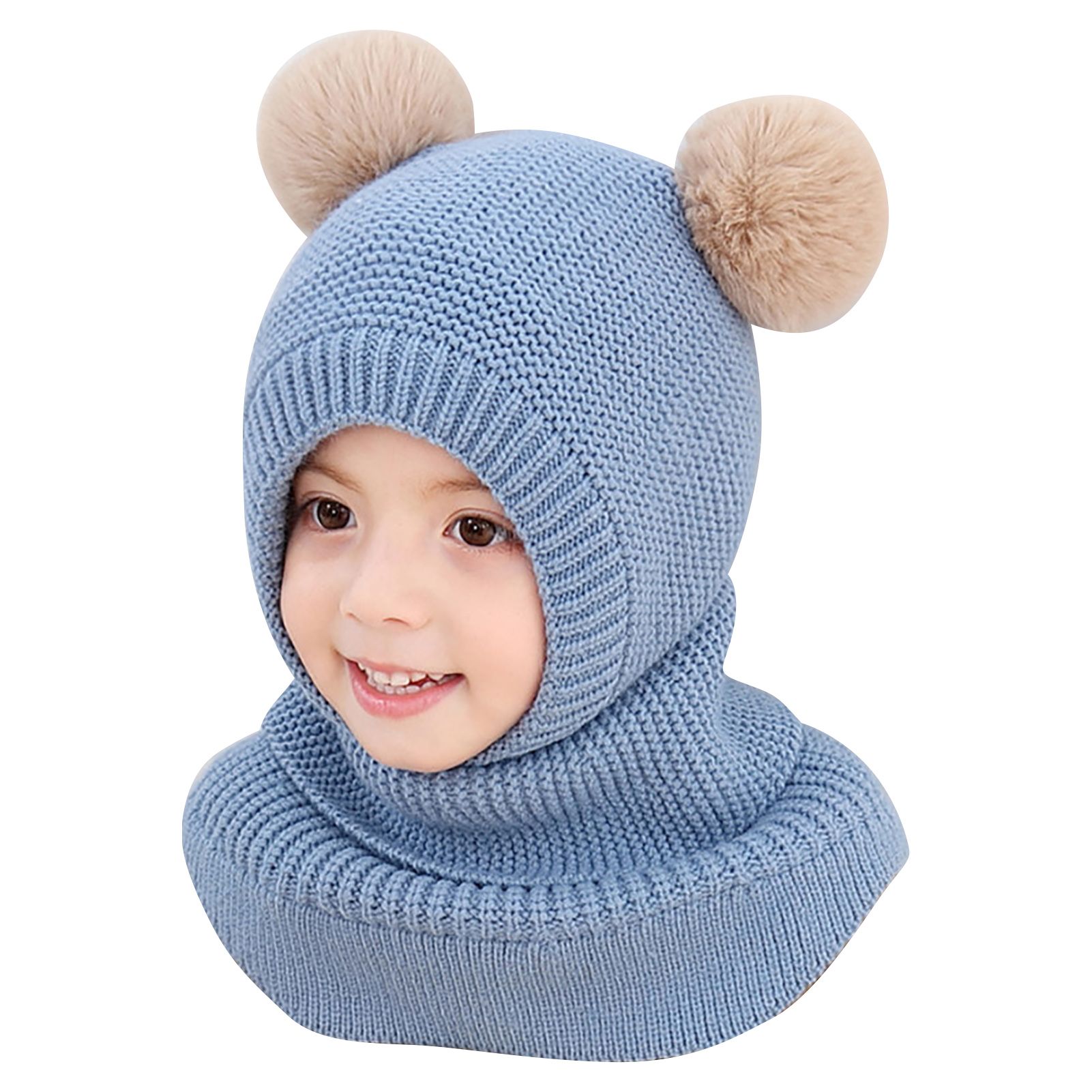 Kids Knit Bal Anti-static Hood Hat Fleece Lining Scarf