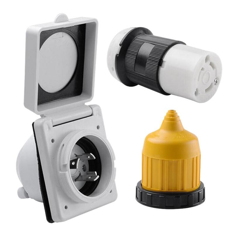 3Pcs 125V Rv Power Twist Lock Plug Inlet 30Amp Female Locking Connector with Cover Rv Power Socket Waterproof Cover Set