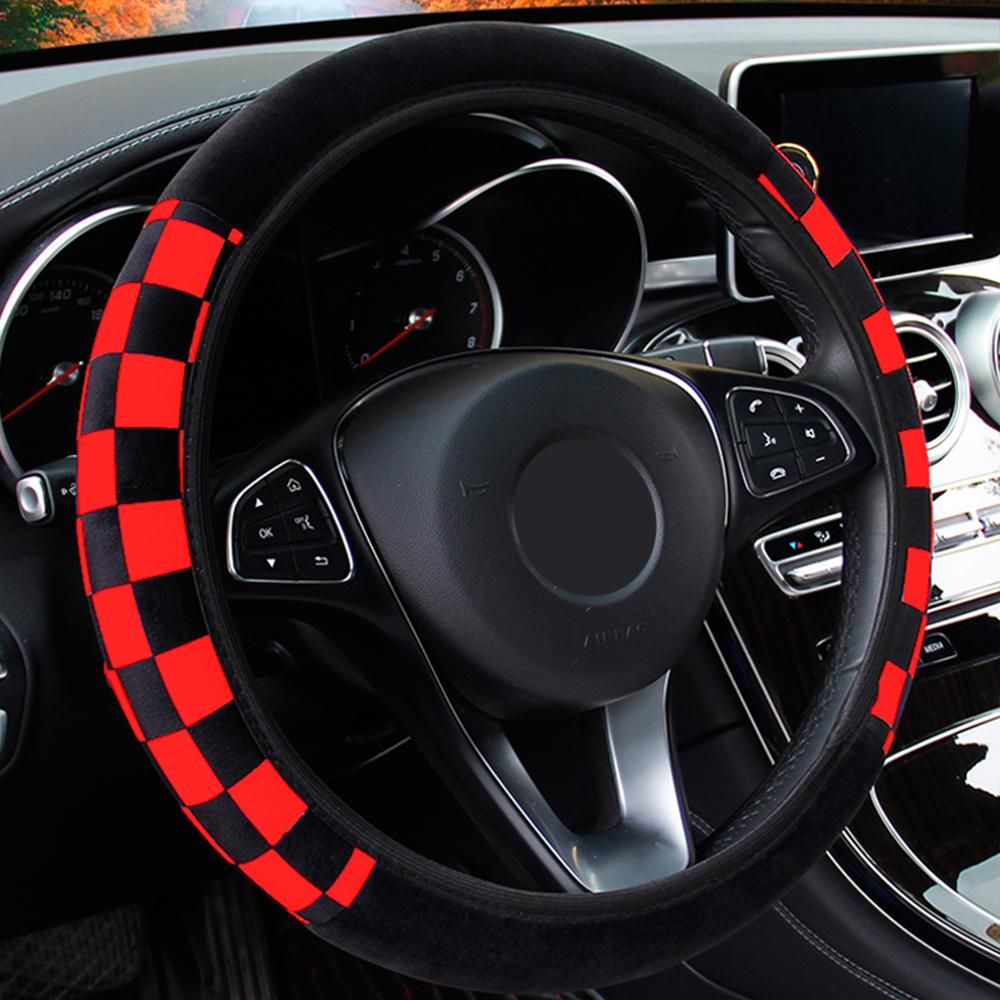 38cm Car Steering Wheel Cover Auto Steering Covers Plush Fabric Fit for Most Cars Auto Decoration Diameter ( Black Red )