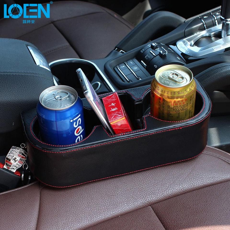 Black Microfiber PU Leather Car Seat Gap Inserted 2-cup Holder Drink Bottle Storage