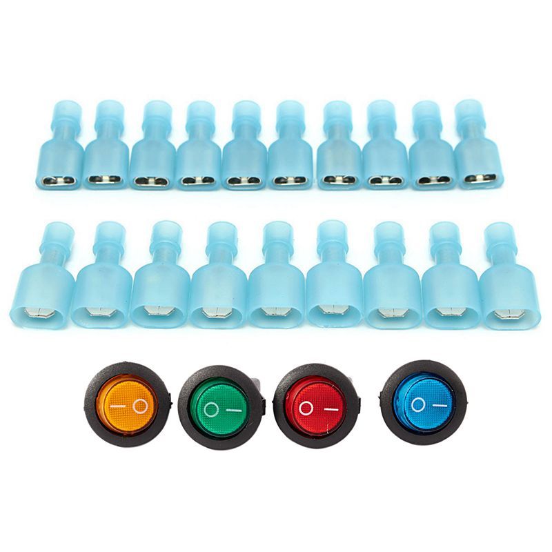 4 x12V LED Illuminated Rocker On-Off Toggle SPST Switch & 50Pcs Female & Male Fully Insulated Wire Terminals Connector