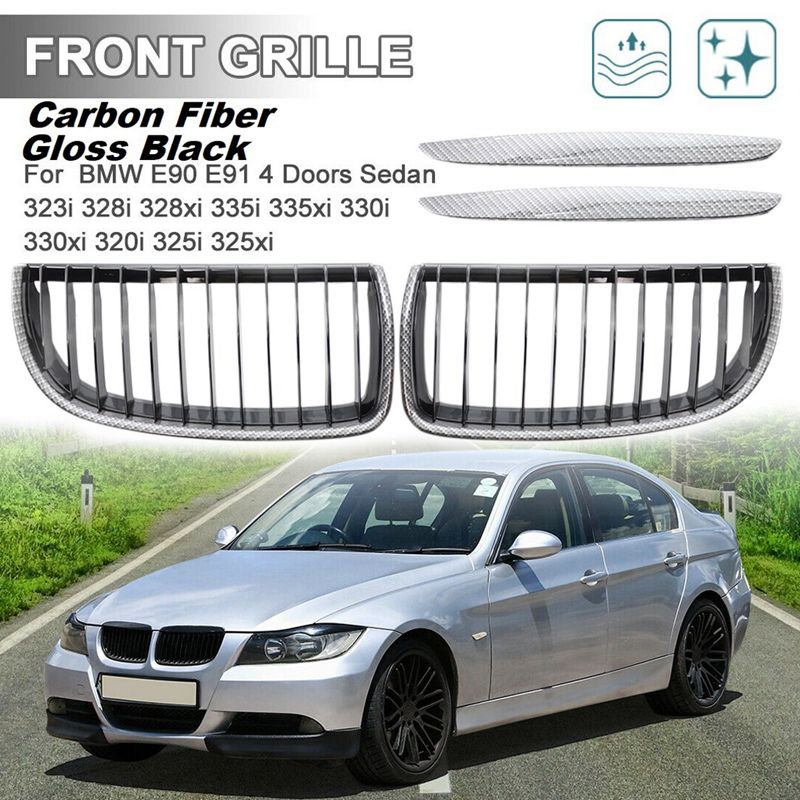 BRADOO- Carbon Fiber Look Front Bumper Kidney Grill Grille For-BMW 3-Series E90 E91 328I Sedan 2005-2008