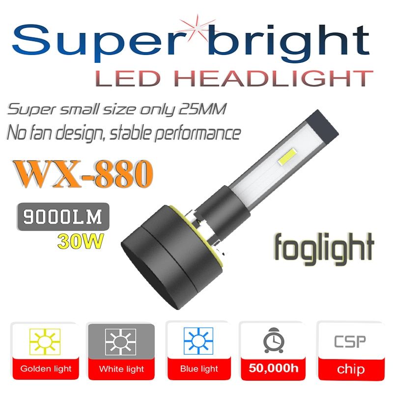 WX-H27/880/881 LED Car Headlight Bulbs Fog Light, Super Mini 30W 6000K 9000Lm, H1 H3 H4/HB2 H7 9005/HB3 9006/HB4 H8 H9 H11 5202-black-9005/HB3