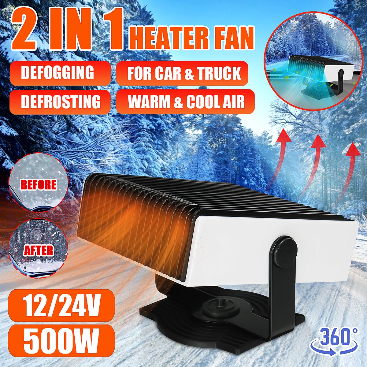 150W 12V Car Truck Auto Heater Fan Windscreen Window Demister Defroster Car Accessories Winter Portable Car Defroster Heater