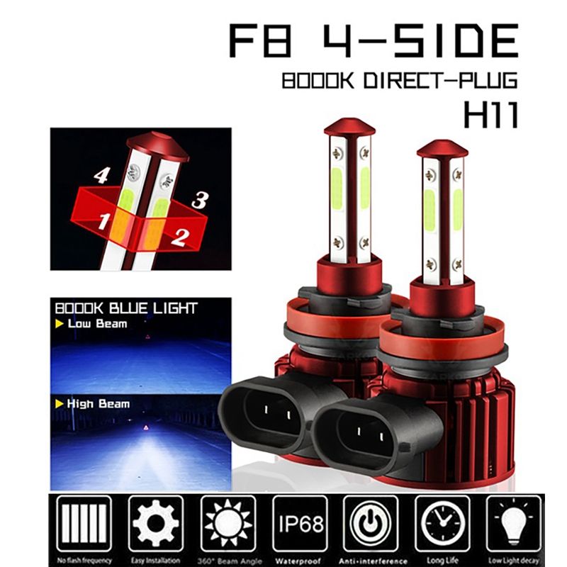 4-Sides H8 H9 H11 LED Combo Head Light High/Low Beam Bulb Super Bright Ice Blue 8000K(null)