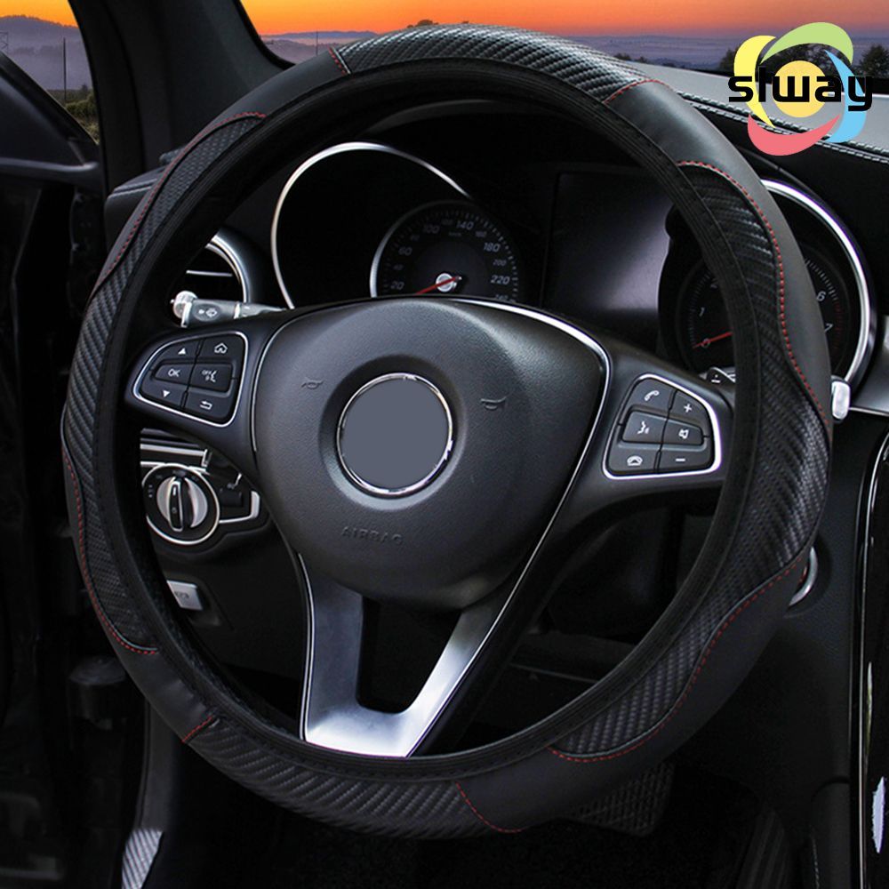 1PC Cover Black Car Steering Wheel Cover Breathable Anti Slip PU Leather Covers for Steering Suitable 37-38cm Carbon Fiber Car Interior Accessories