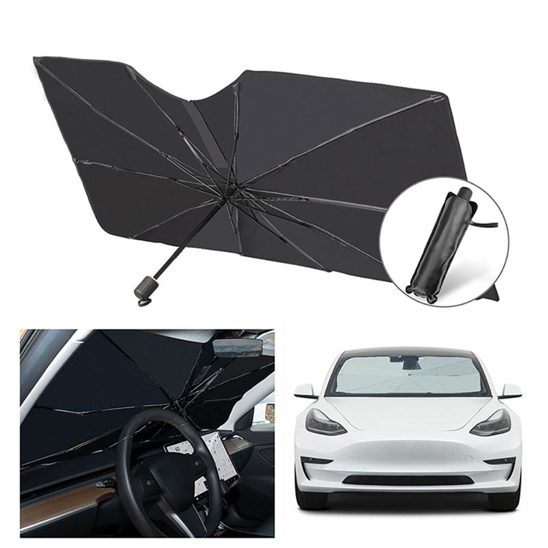 Car Umbrella Shape Sun Shade Parasol Auto Front Window Sunshade Covers Anti UV Sun Protector for Tesla Model 3 Y-black