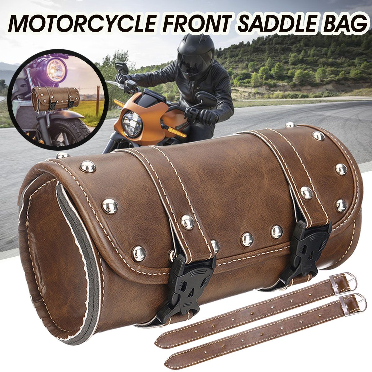 Serviceable Motorcycle PU Leather Vintage Saddlebag Roll Tool Luggage Barrel Storage Brown