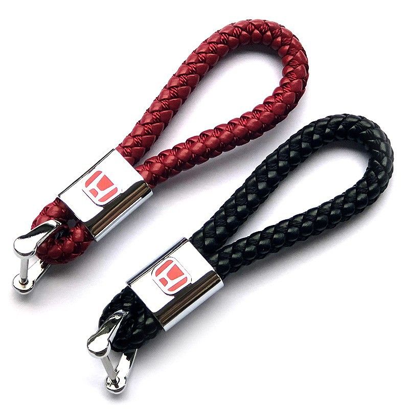 HONDA Hand Woven Rope Car Key Chain Key Ring PU Leather CRV BRV CIVIC FIT CITY（model：black）