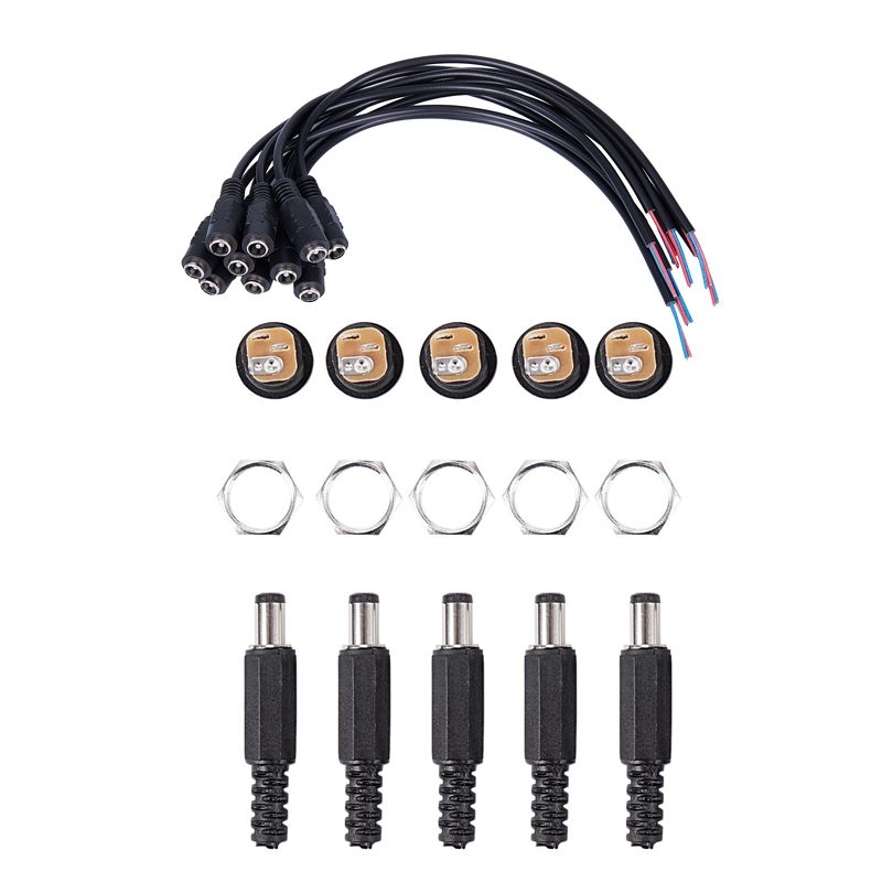 BRADOO- 20 Pcs 5.5X2.1Mm Black Connector: 5 Pcs DC Female Jack + 5 Pcs Socket Connector & 10 Pcs 12V DC Power Plug Female Jack Plug Connector Cable with Cord Cable 15CM