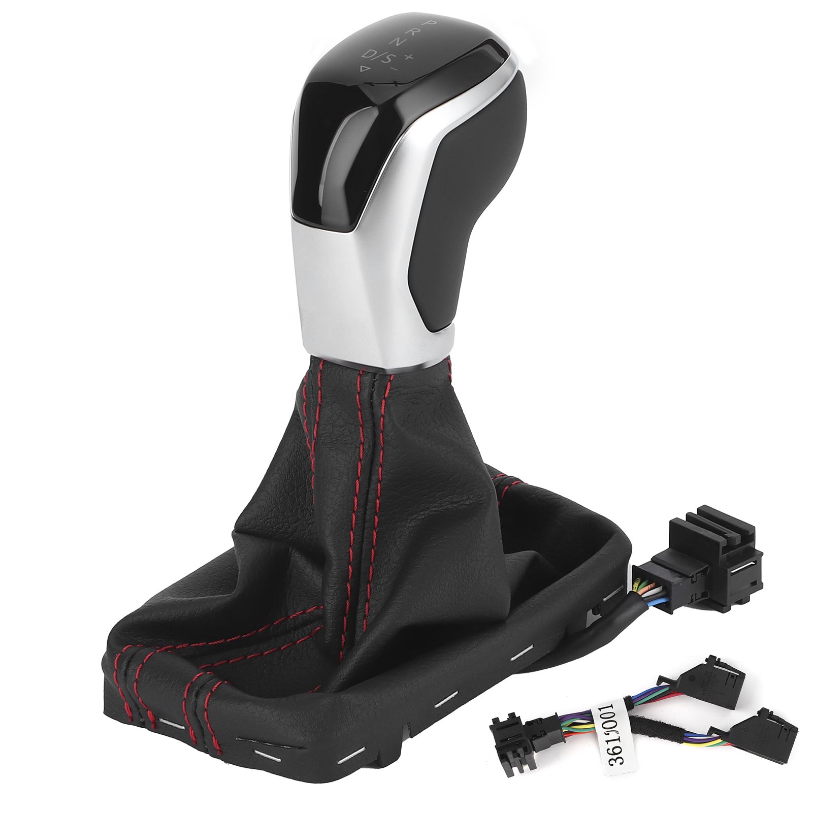 Car Leather White LED Light Shift Knob + Boot Cover With Red Stitches Set