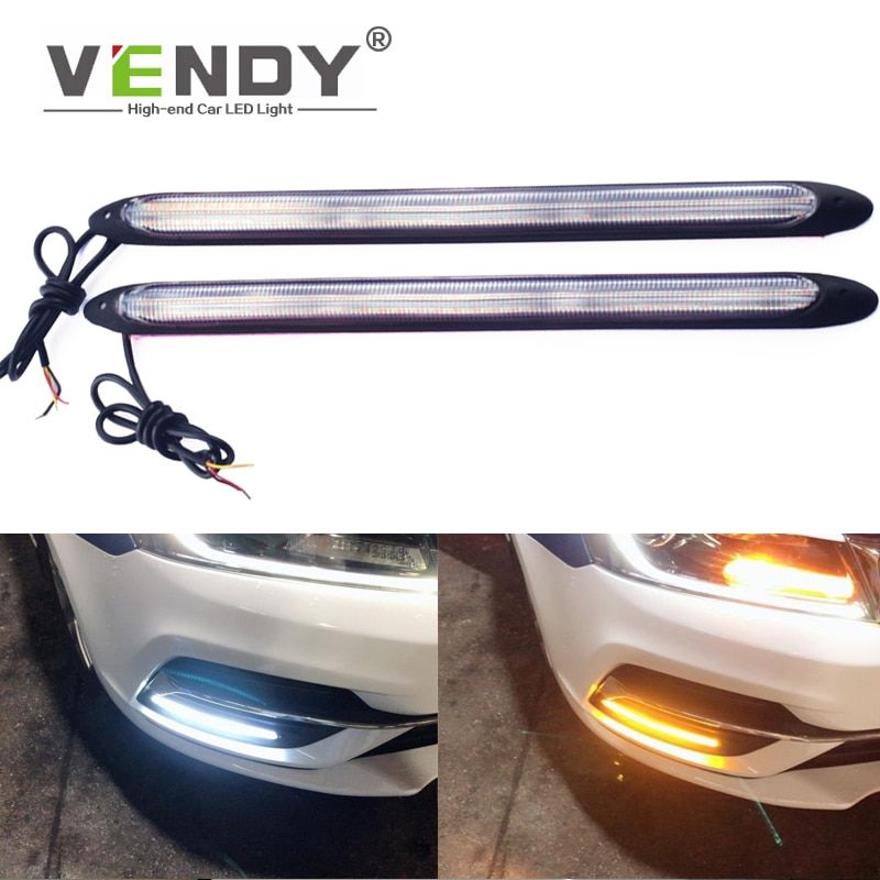 2pcs Auto Led DRL DayRunning Light Strip With Yellow Turn  Lamp Car Headlight Sequential Flow Day Light 12V Universal-15.5cm