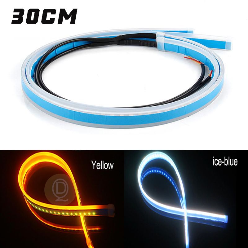 2 Pieces of LED DRL Car Daytime Running Light Flexible Waterproof Light Bar Motorcycle Turn Signal Brake Water Lamp 12V（Ice Blue&Yellow-30CM）