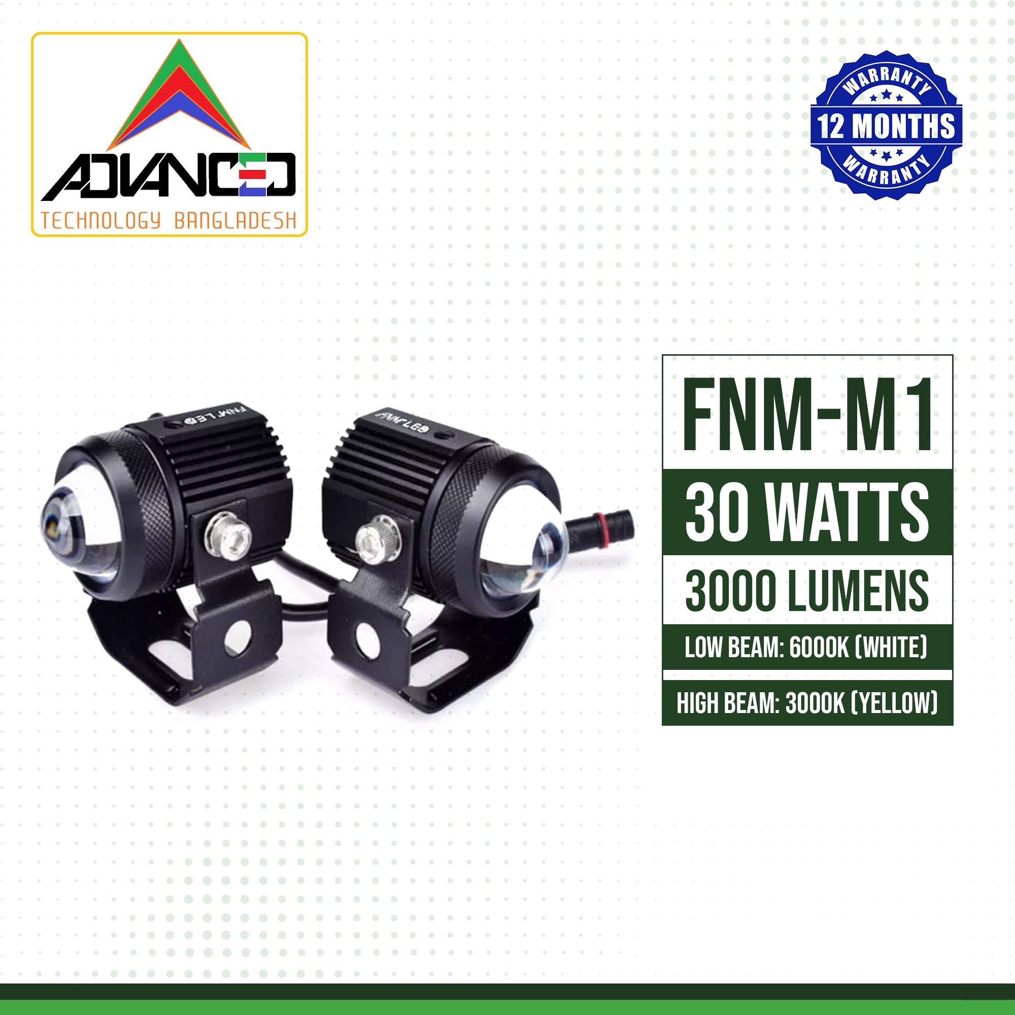FNM-M1 LED Fog Light (2 pieces). 1 Year Warranty. Brightest Light in Market. (Two Color : White and Yellow)(30W/3000LM per pair)(High/Low Beam). Authorized Seller In Bangladesh