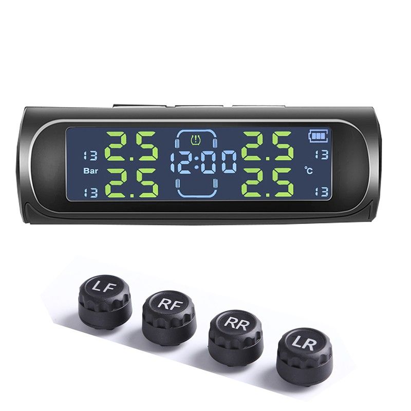 Solar Car Tpms Automatic Tire Pressure And Tire Temperature Monitoring Alarm System With 4 Sensors Universal LCD Display Clock