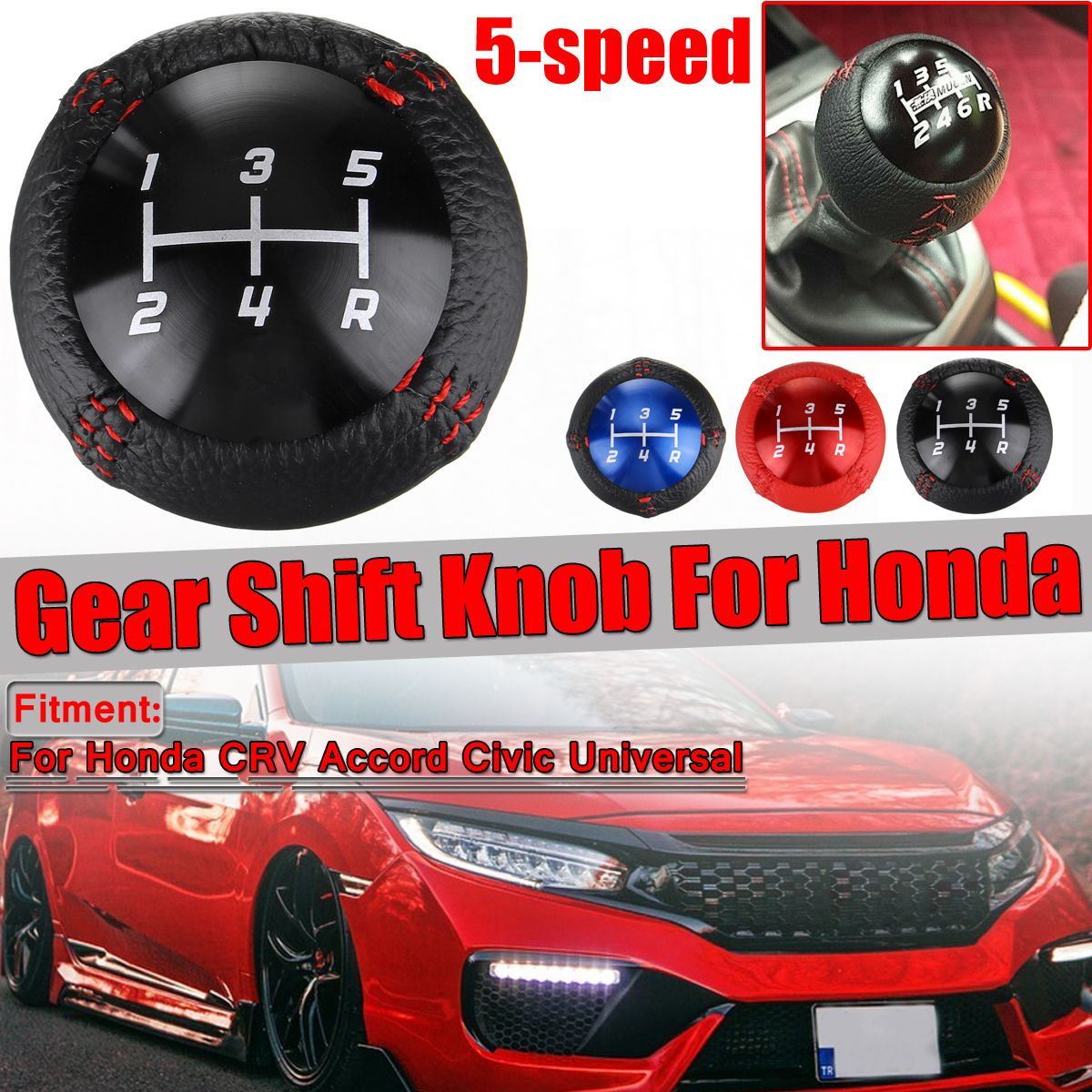 5 Speed Leather Aluminum Manual Gear Shift Knob Shifter Lever For Honda Civic(Red)