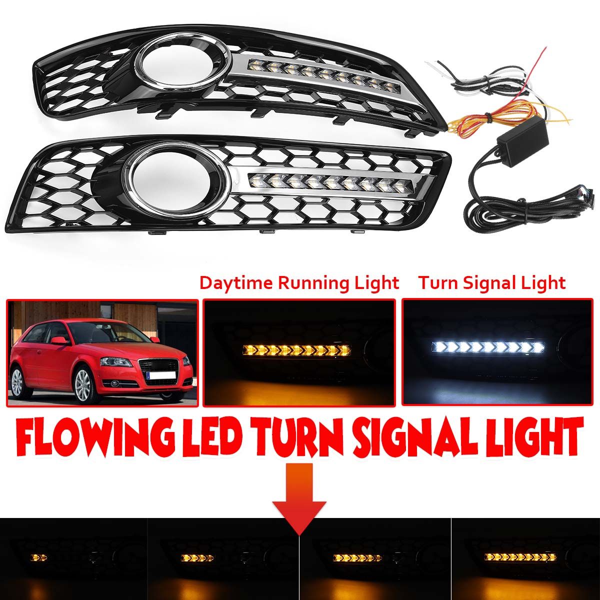 2Pcs Flowing LED Fog Light Cover Mesh Grille Turn Signal Lamp DRL For Audi A3 8P