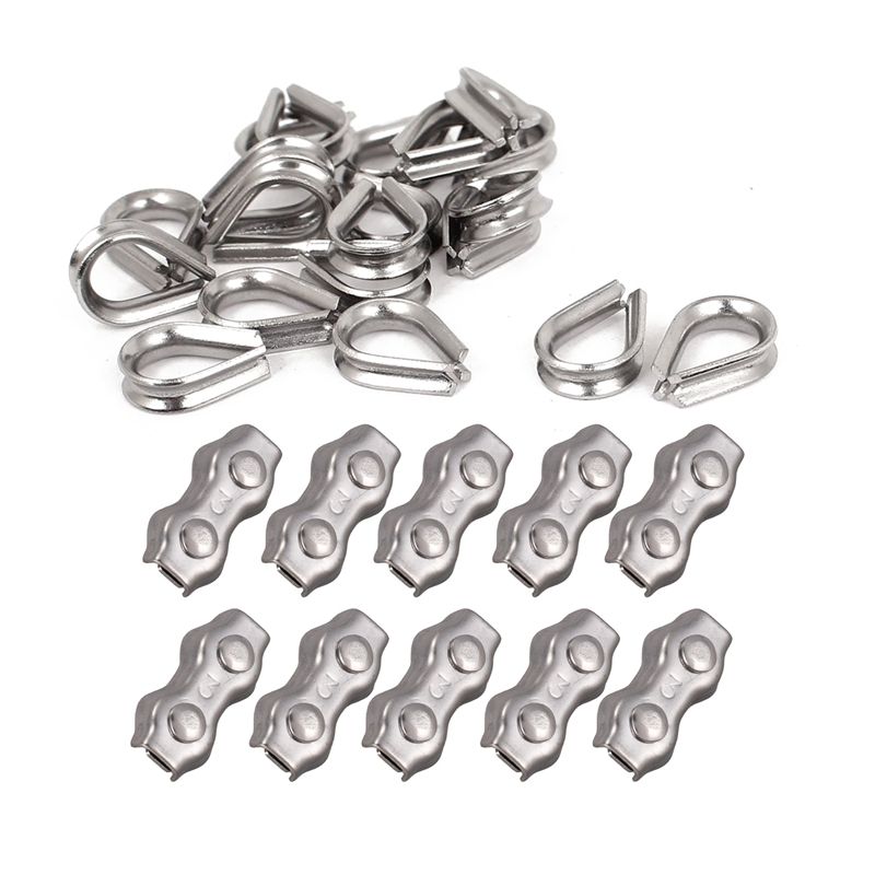 30 Pcs Accessories: 20 Pcs 2Mm Wire Rope Cable Thimbles & 10 Pcs 3Mm Duplex Clips Wire Cable Rope Grips Clamps Caliper
