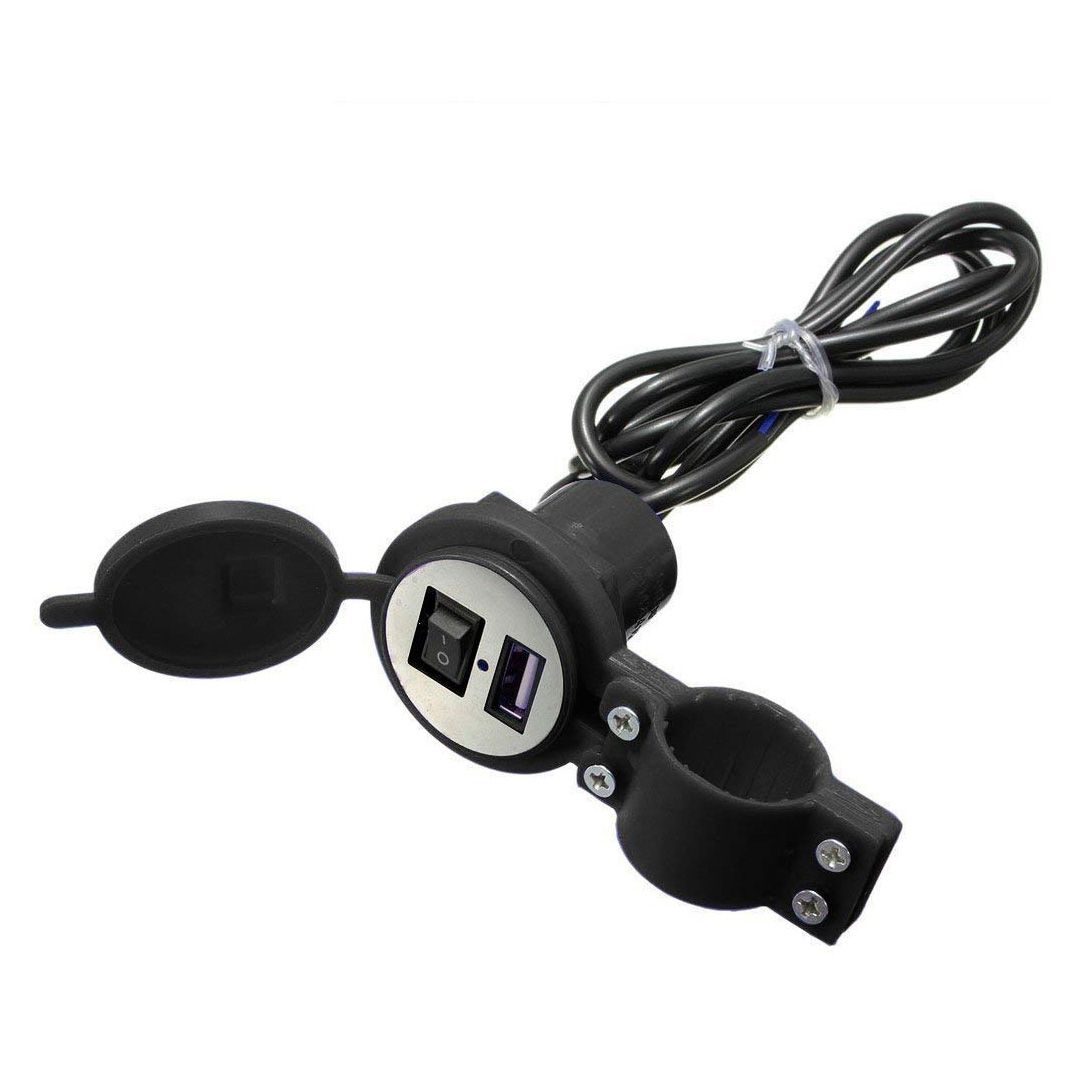 12V Phone Usb Charger with Switch for Motorcycle. Black Color