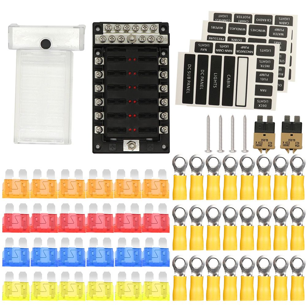12 Way Fuse Box Blade Fuse Block Holder，12 Circuit Screw Nut Terminal W/Negative Bus 5A 10A 15A 20A Free Fuses, with LED Indicator Waterpoof Cover for Car Truck Boat Vehicle 12-32V