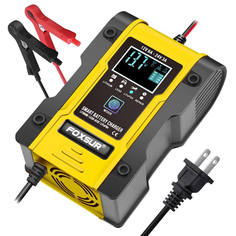 FOXSUR 12V/24V Car  Charger 6A 12.6V Lithium  Charger Smart  Charger for Motorcycle (US Plug)