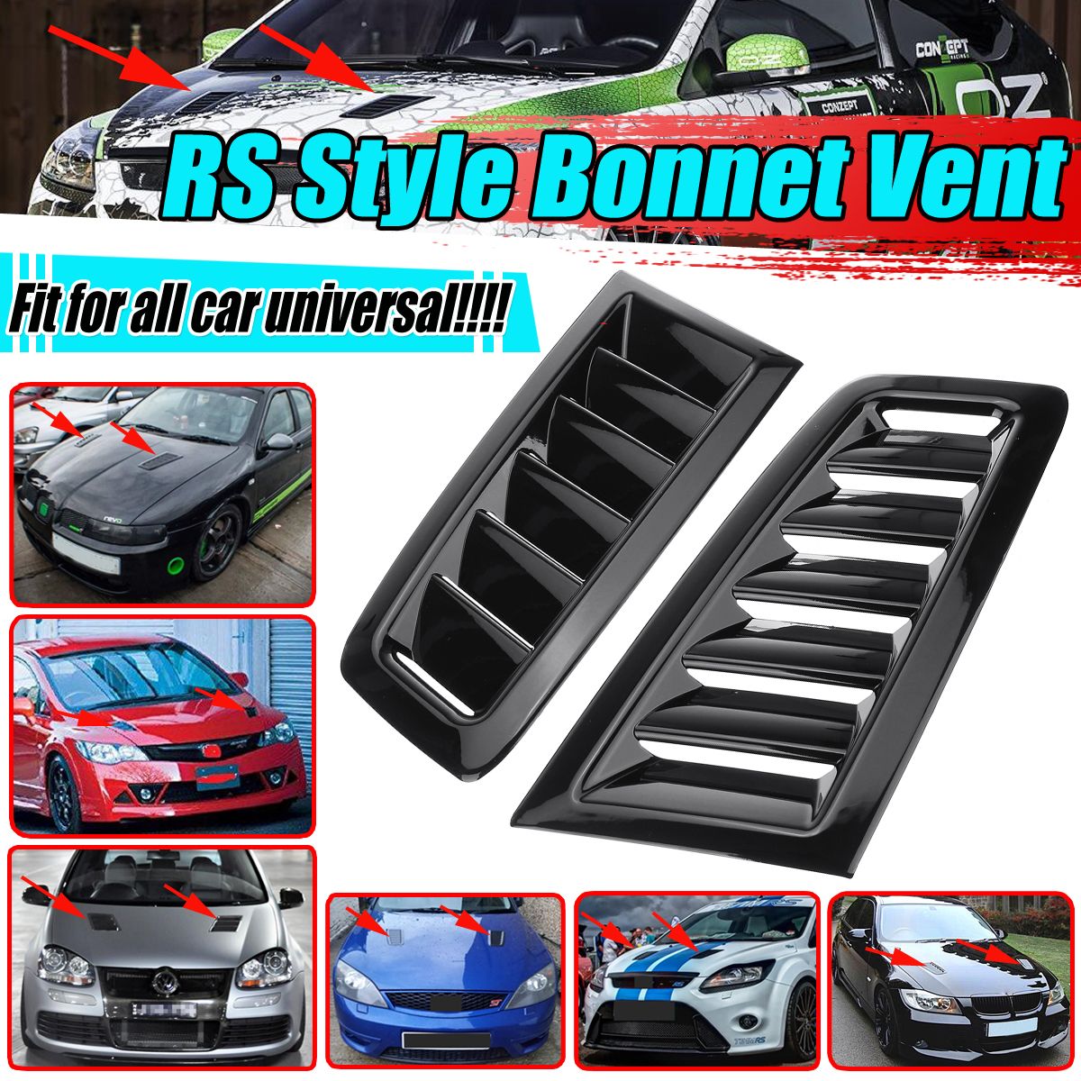 Motorcycle MK2 RS Style Front Hood Scoop Vents Gloss Black For All Car Universal
