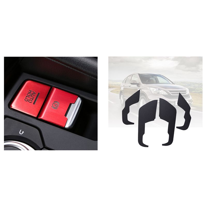 2 Pcs Car Electronic Parking Hand Brake Knob Button Cover & 4 Pcs Interior Door Anti-Kick Sticker Cover