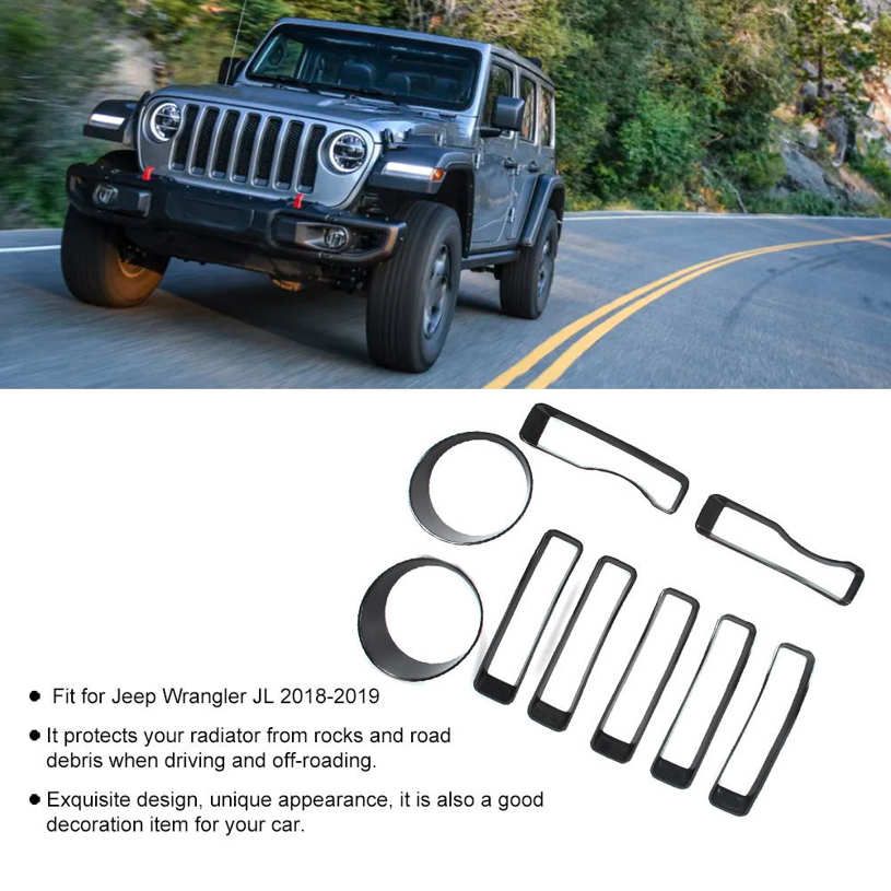 Car Decoration Headlight Cover Front Grille Inserts Trim Fit for Jeep Wrangler JL 2018-2019