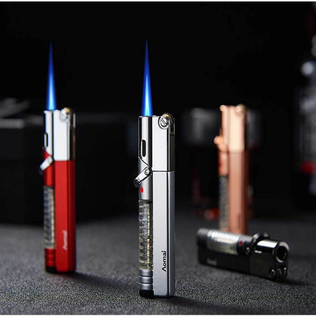 New Amoi Gas Visible Jet Windproof Lighter Safety Lock Straight Flame Refillable Gas Window for Cigar BBQ Kitchen Cooking